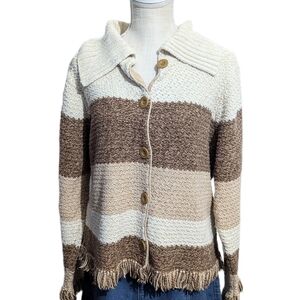 Vintage Early 2000s Villager Granola Oatmeal Knit Striped Brown Beige Sweater